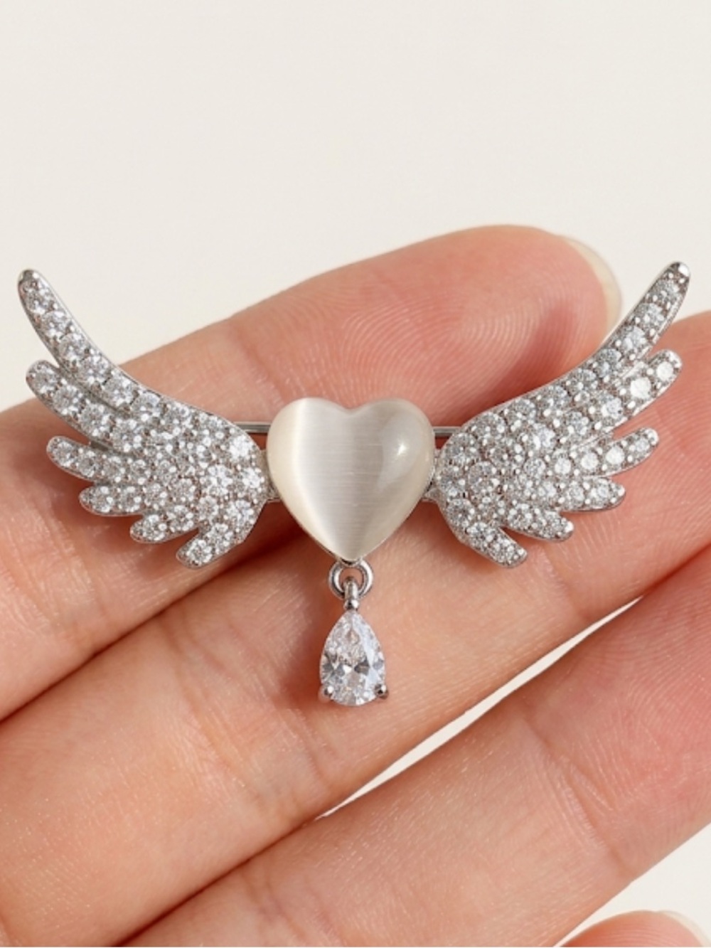 Dainty Angel Wing Rhinestones With Heart & Water Drop Gemstone Pin Brooch NEW
